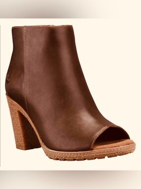 Timberland Brown Cognac Distressed Leather Tillston Peep-Toe Heeled Boots Sz 8.5